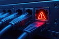 Network connection with red warning light on server rack ethernet Royalty Free Stock Photo