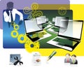 Teamwork process.Young coworkers work with new startup project in office.Modern laptop on table, papers, documents.Horizonta Royalty Free Stock Photo