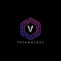 Hexagon Connection V Letter Technology Logo