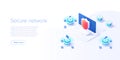 Network data security isometric vector illustration. Online server protection system concept with datacenter or blockchain. Secure