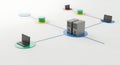 Network diagram depicting a central gray server connected to three laptops and