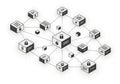 Network diagram illustrating blockchain technology. Cubes represent data blocks connected by lines, Royalty Free Stock Photo