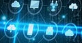 Network of digital icons against binary coding data processing on blue background Royalty Free Stock Photo
