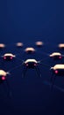 Network of drones in grid formation with glowing lights representing communication