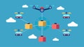 A network of drones carrying products guided by realtime data analysis to avoid congested delivery routes.. Vector