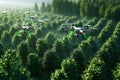 A network of drones planting trees, leaving visible energy trails, depicting automated reforestation, Generated AI
