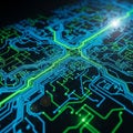 Network of electrical circuits on a dark surface featuring bright Royalty Free Stock Photo