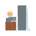 Network engineer administrator working in data center using computer connected to server rack, server maintenance Royalty Free Stock Photo