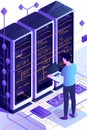 Network engineer managing server racks at a data center. Isometric illustration of network infrastructure, cloud