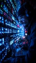 Network Engineer Monitoring Server Performance in Data Center, Cybersecurity and IT Infrastructure.