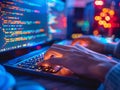 Network engineer patching vulnerabilities in software, with a close-up on their hands typing commands and the code on the