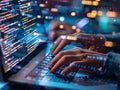 Network engineer patching vulnerabilities in the software, with close-up on their hands typing commands and the code on the