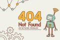 Network error notification displayed with playful robot character indicating a 404 not found message in a digital environment with Royalty Free Stock Photo