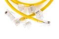 Network ethernet cable with RJ45 connectors isolated on white background. UTP Cable or LAN Cable. yellow color on white background Royalty Free Stock Photo