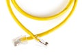 Network ethernet cable with RJ45 connectors isolated on white background. UTP Cable or LAN Cable. yellow color on white background Royalty Free Stock Photo