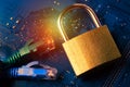 Network ethernet cables near padlock on computer motherboard. Internet data privacy information security concept Royalty Free Stock Photo