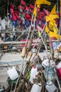 Network fishing drying on the beach in sunny day. Baltic Sea and