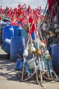 Network fishing drying on the beach in sunny day. Baltic Sea and