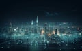 Network flow on night megapolis city, Internet of things, high speed connection, digital transformation, big data, generative AI