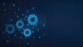 Network of Glowing Blue Gears and Connected Nodes on Dark Blue Background cogwheels connection Royalty Free Stock Photo