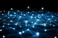 Network of glowing blue points and lines on a black background symbolizing data flow communication networks and the complexity