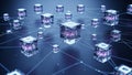Futuristic digital blockchain network with glowing cubic nodes interconnected by thin blue lines on a dark background Royalty Free Stock Photo