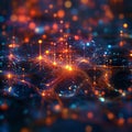 Network of glowing nodes and connecting lines in digital matrix