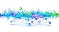 Network visualization with connected nodes and colorful wave patterns on a white background Royalty Free Stock Photo