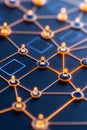 Network grid with interconnected glowing nodes, decentralized data transfer, blockchain technology, and intricate digital archi