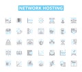 Network hosting linear icons set. Cloud, Server, Virtualization, Bandwidth, Colocation, Datacenter, Firewall line vector