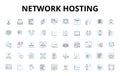 Network hosting linear icons set. Cloud, Server, Virtualization, Bandwidth, Colocation, Datacenter, Firewall vector