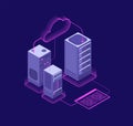 Network hosting solutions, datacenter with services, website administrative support vector isometric concept Royalty Free Stock Photo