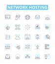 Network hosting vector line icons set. Webhosting, Cloudhosting, Networking, Colocation, Shared, Dedicated, Domains