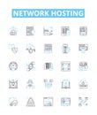 Network hosting vector line icons set. Webhosting, Cloudhosting, Networking, Colocation, Shared, Dedicated, Domains