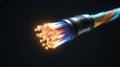 Network infrastructure glowing with fiber optic strands, transmitting data through luminous light pulses, emerging from cable Royalty Free Stock Photo
