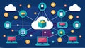 A network of interconnected devices floating in a sea of binary code clouds constantly receiving and processing vast Royalty Free Stock Photo