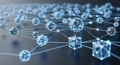 Network of interconnected glowing blue geometric shapes and spheres on a dark background Royalty Free Stock Photo