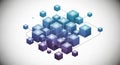 Isometric network of interconnected blue and purple cubes forming a complex digital structure on a light gray background Royalty Free Stock Photo