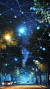 A network of interconnected smart streetlights powered by 5G casting a cyberpunk glow over an urban scene. Royalty Free Stock Photo