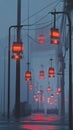 A network of interconnected smart streetlights powered by 5G casting a cyberpunk glow over an urban scene. Royalty Free Stock Photo