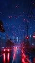 A network of interconnected smart streetlights powered by 5G casting a cyberpunk glow over an urban scene. Royalty Free Stock Photo