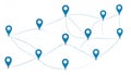 Network map showing interconnected blue location markers via dot Royalty Free Stock Photo