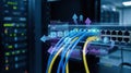 Network panel, switch and cable in data center.Macro Shot with Augmented Reality: Ethernet Cables Connected to Router Ports with Royalty Free Stock Photo