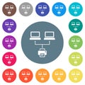 Network printing flat white icons on round color backgrounds