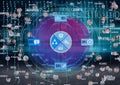 Network of profile icons against binary coding data processing on blue background Royalty Free Stock Photo
