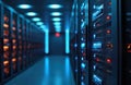 Network of rack servers with blinking lights in supercomputer data center, copy space. Futuristic design shows information tech,