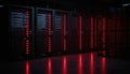 Network of red lights from eight computer servers in 4x4 grid. Modern data center environment with illuminated equipment. Dark Royalty Free Stock Photo