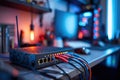 Network router with colored cables and illuminated workspace in modern tech environment Royalty Free Stock Photo