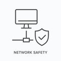 Network safety flat line icon. Vector outline illustration of computer, line and shield. Black thin linear pictogram for