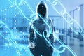 Network security concept with digital chain, binary code and locks and noface hacker on background Royalty Free Stock Photo